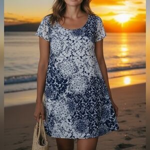 MSK |‎ Beachy Vacation Navy White Floral Midi Shift Dress Stretch Comfort | 2X